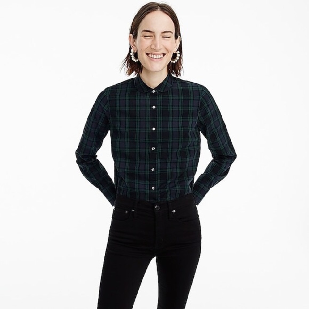 J Crew Club Collar Perfect Shirt Black Watch Plaid